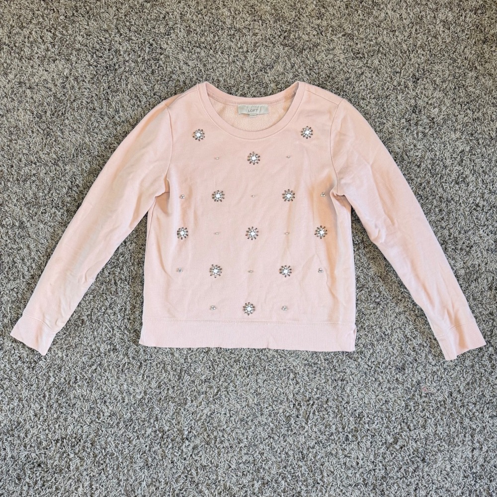 LOFT Pink Embellished Rhinestone Fleece Sweatshirt Crew Neck 346036 Womens Med